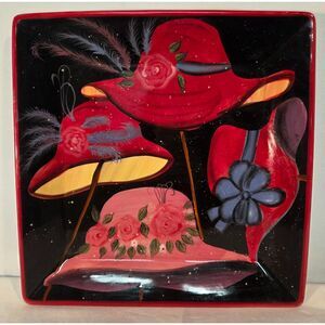 Susan Winget Certified International Hat Square Platter Red Black Floral